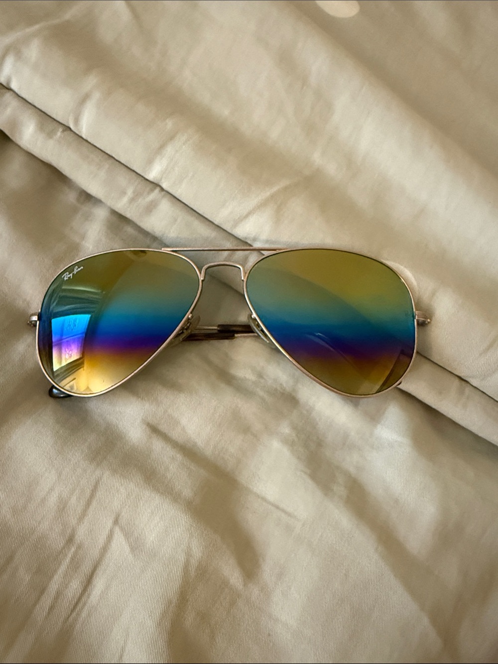 Ray-Ban Gold Frame Aviator Sunglasses with Blue-Purple-Yellow Mirrored Lenses